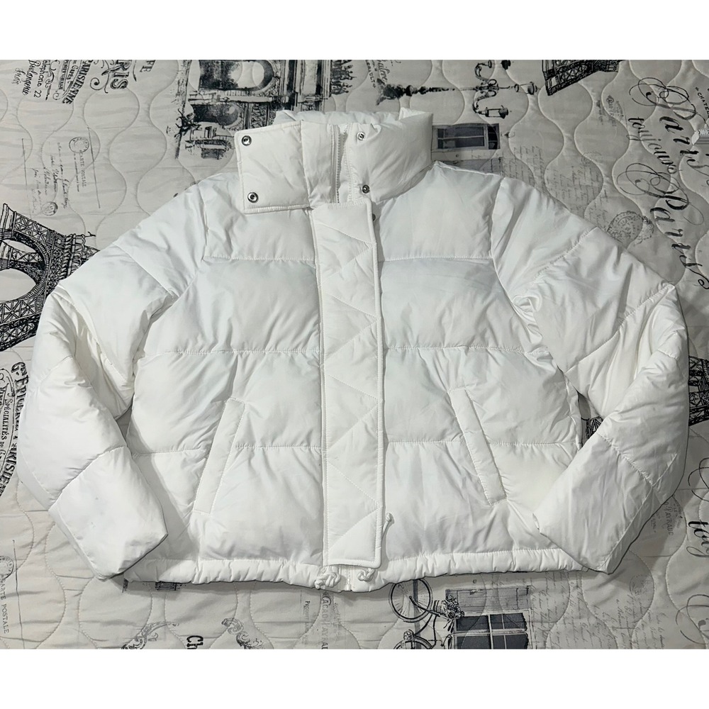 Hollister White Puffer Jacket Womens Cropped Padded Winter‎ Coat Size L